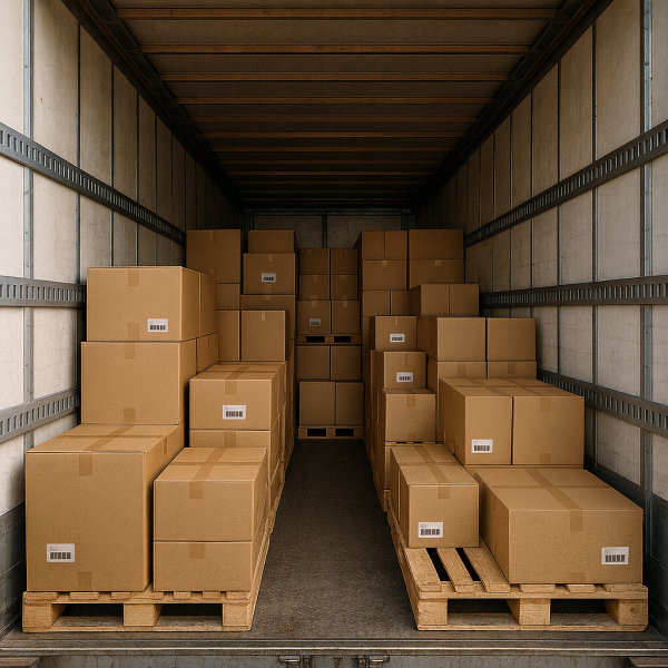 Interno di un camion centinato con caricato materiale su pallet