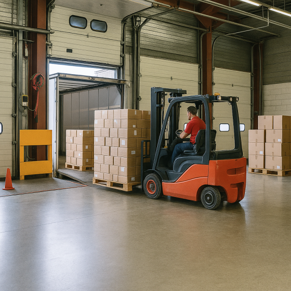 Operatore su muletto mentre carica dei bancali in ribalta su un camion